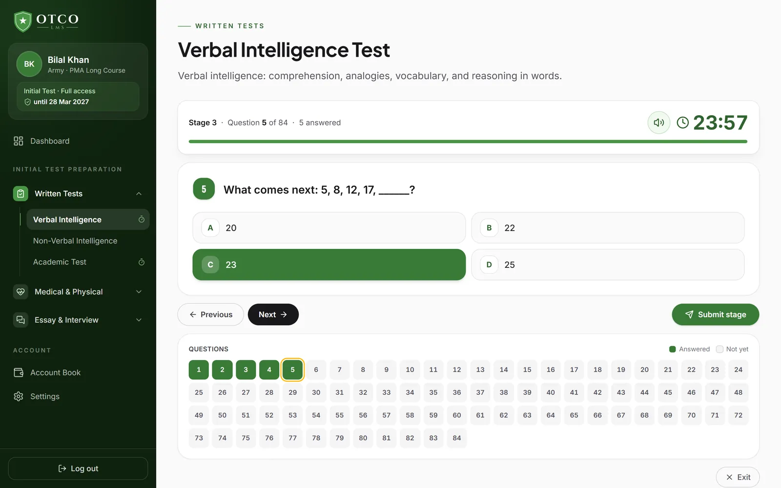 Initial Test verbal intelligence MCQ practice with a timer